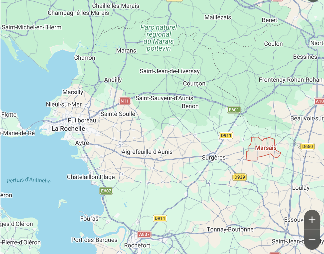 Kaart met de locatie van Marsais, tussen Surgères en Loulay
